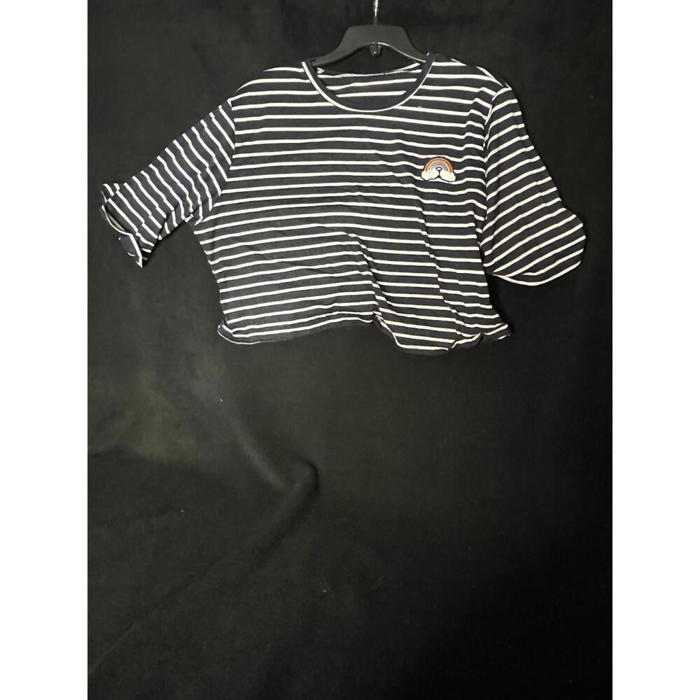 Striped Dark Blue White Cropped T-Shirt Rainbow Patch Size 4XL Cute Girly SHEIN